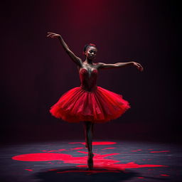 An African American ballet dancer, graceful and elegant, performing an en pointe move on a dark, ominous stage