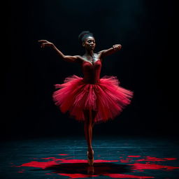An African American ballet dancer, graceful and elegant, performing an en pointe move on a dark, ominous stage