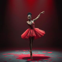 An African American ballet dancer, graceful and elegant, performing an en pointe move on a dark, ominous stage