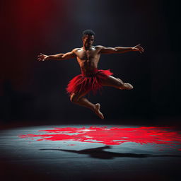 A male African American ballet dancer, exuding both strength and grace, performing a powerful leap on a shadowy stage