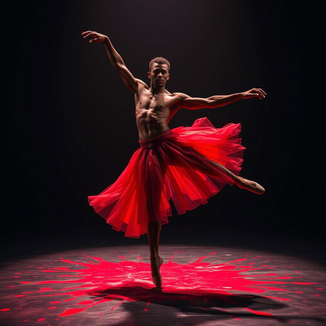 A male African American ballet dancer, exuding both strength and grace, performing a powerful leap on a shadowy stage