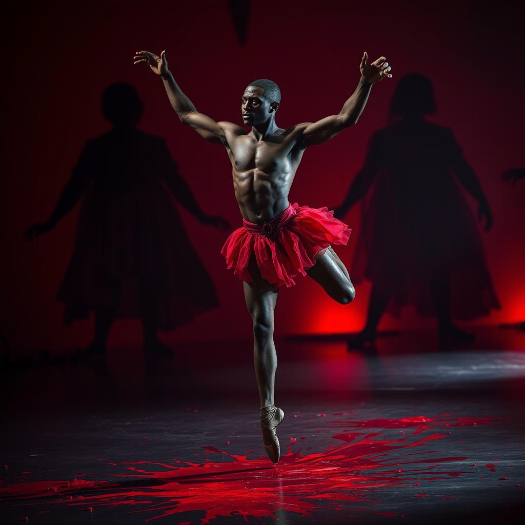 A male African American ballet dancer, exuding both strength and grace, performing a powerful leap on a shadowy stage