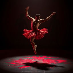 A male African American ballet dancer, exuding both strength and grace, performing a powerful leap on a shadowy stage