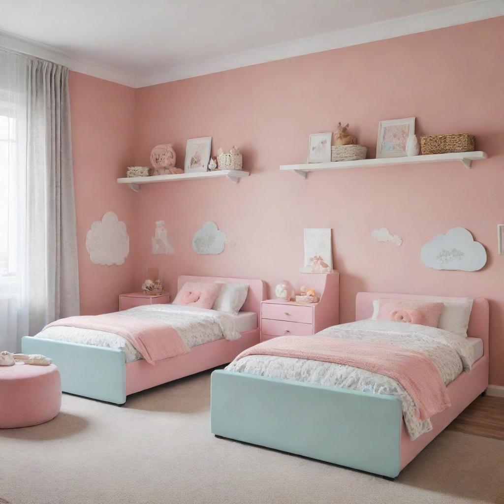 A children's bedroom featuring two beds, designed with cozy and cheerful elements creating a comforting atmosphere