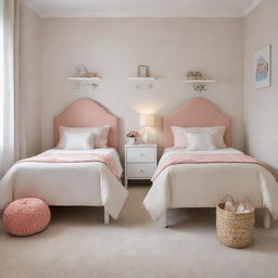 A children's bedroom featuring two beds, designed with cozy and cheerful elements creating a comforting atmosphere