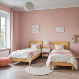 A children's bedroom featuring two beds, designed with cozy and cheerful elements creating a comforting atmosphere