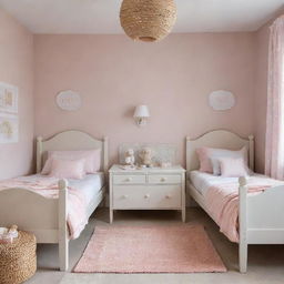 A children's bedroom featuring two beds, designed with cozy and cheerful elements creating a comforting atmosphere