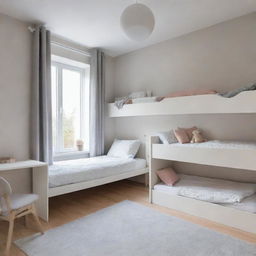 A comforting and playful children's bedroom equipped with two beds, blending functionality with a light-hearted, inviting atmosphere