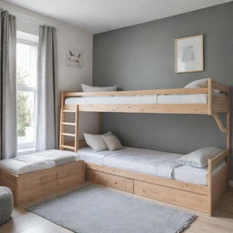 A comforting and playful children's bedroom equipped with two beds, blending functionality with a light-hearted, inviting atmosphere