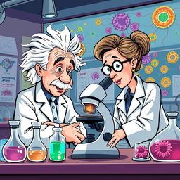 A cartoon-style illustration of Albert Einstein and Marie Curie as researchers, intently observing cancer cells through a microscope in a laboratory setting