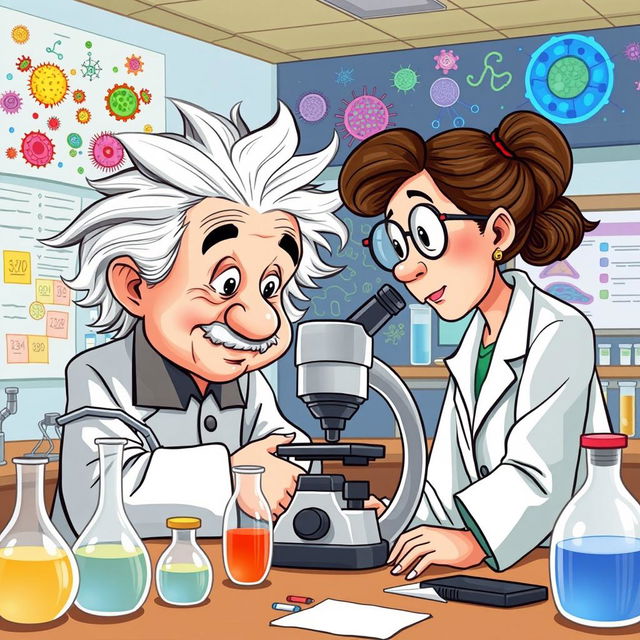 A cartoon-style illustration of Albert Einstein and Marie Curie as researchers, intently observing cancer cells through a microscope in a laboratory setting