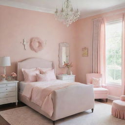 A children's bedroom designed specifically for a girl, filled with soft, whimsical furnishings and feminine colors that create a joyful, nurturing environment