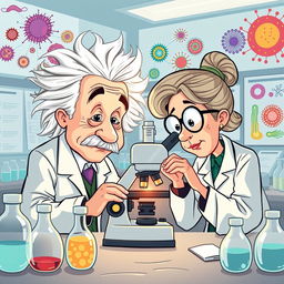 A cartoon-style illustration of Albert Einstein and Marie Curie as researchers, intently observing cancer cells through a microscope in a laboratory setting