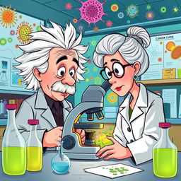 A cartoon-style illustration of Albert Einstein and Marie Curie as researchers, intently observing cancer cells through a microscope in a laboratory setting