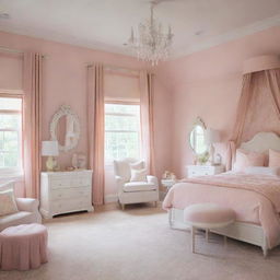 A children's bedroom designed specifically for a girl, filled with soft, whimsical furnishings and feminine colors that create a joyful, nurturing environment