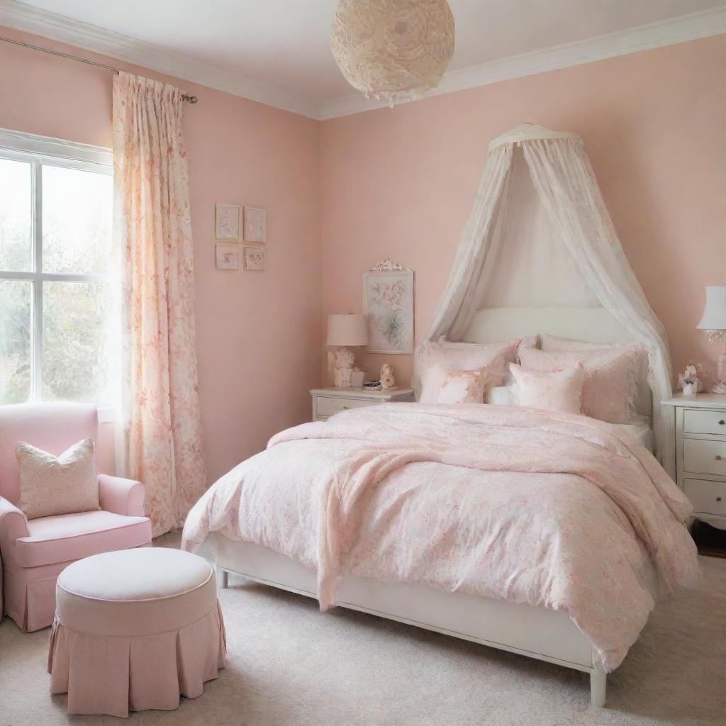 A children's bedroom designed specifically for a girl, filled with soft, whimsical furnishings and feminine colors that create a joyful, nurturing environment