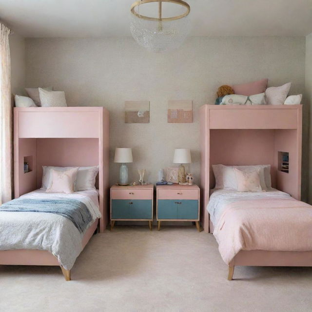 A children's bedroom tailored for a boy and a girl, balancing masculine and feminine design elements to create a shared, harmonious, and fun space