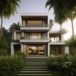 Render a beautiful and elegant two-story house with a lush garden and a modern architecture design.