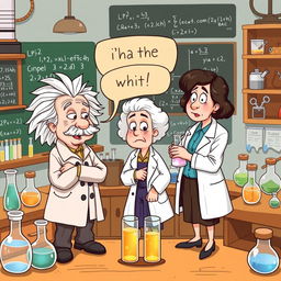 A humorous illustration of Albert Einstein and Marie Curie playfully arguing with a fellow researcher in a whimsical laboratory setting