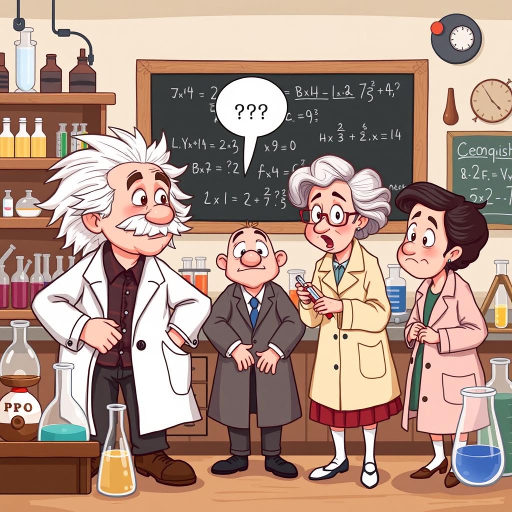 A humorous illustration of Albert Einstein and Marie Curie playfully arguing with a fellow researcher in a whimsical laboratory setting