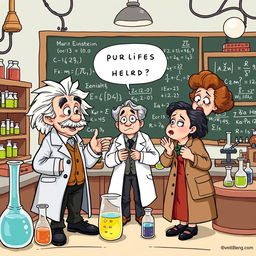A humorous illustration of Albert Einstein and Marie Curie playfully arguing with a fellow researcher in a whimsical laboratory setting