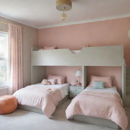 A children's bedroom tailored for a boy and a girl, balancing masculine and feminine design elements to create a shared, harmonious, and fun space