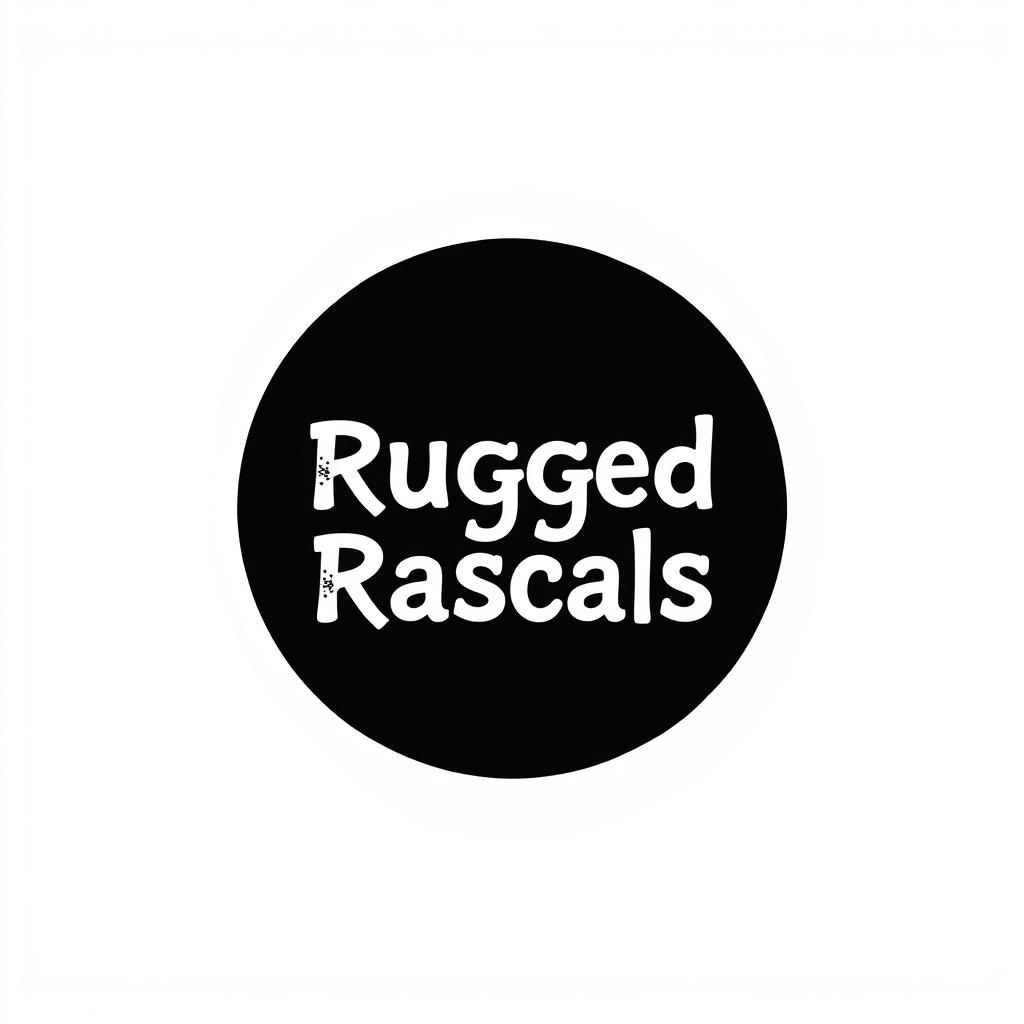 A perfect circle shape filled with a solid black color, featuring the text 'Rugged Rascals' prominently displayed in the center