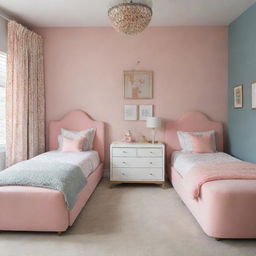 A children's bedroom tailored for a boy and a girl, balancing masculine and feminine design elements to create a shared, harmonious, and fun space