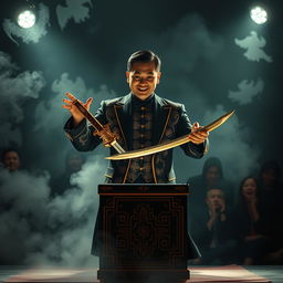 A mysterious Asian magician, wearing an elegant black and gold costume with intricate patterns, stands center stage amidst a swirling cloud of fog