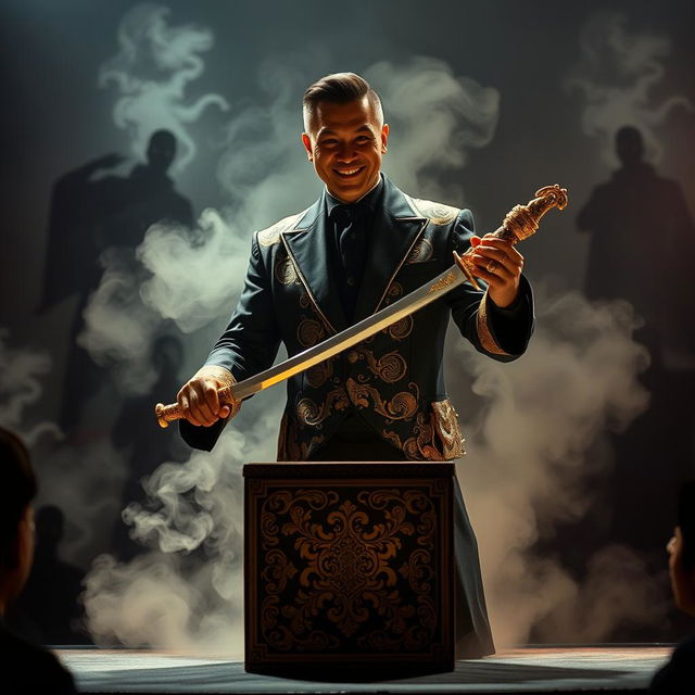 A mysterious Asian magician, wearing an elegant black and gold costume with intricate patterns, stands center stage amidst a swirling cloud of fog