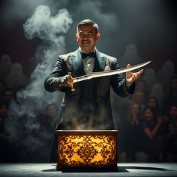 A mysterious Asian magician, wearing an elegant black and gold costume with intricate patterns, stands center stage amidst a swirling cloud of fog