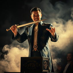 A mysterious Asian magician, wearing an elegant black and gold costume with intricate patterns, stands center stage amidst a swirling cloud of fog