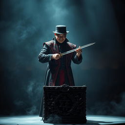 A dark, brooding Asian magician dressed in an elaborate black and crimson costume stands under a spotlight on a misty stage