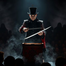 A dark, brooding Asian magician dressed in an elaborate black and crimson costume stands under a spotlight on a misty stage