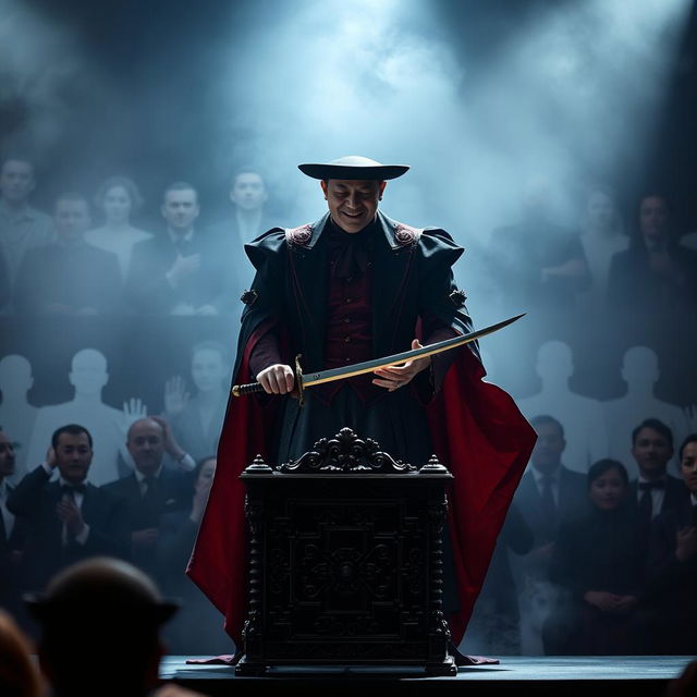 A dark, brooding Asian magician dressed in an elaborate black and crimson costume stands under a spotlight on a misty stage