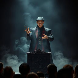 A dark, brooding Asian magician dressed in an elaborate black and crimson costume stands under a spotlight on a misty stage