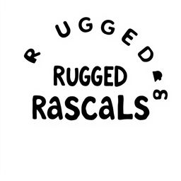 A circular shape created using the letters of 'Rugged Rascals' formed entirely in black color