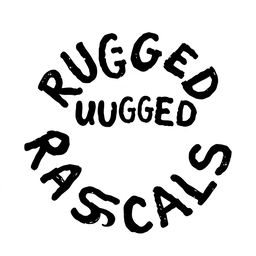 A circular shape created using the letters of 'Rugged Rascals' formed entirely in black color