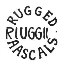 A circular shape created using the letters of 'Rugged Rascals' formed entirely in black color