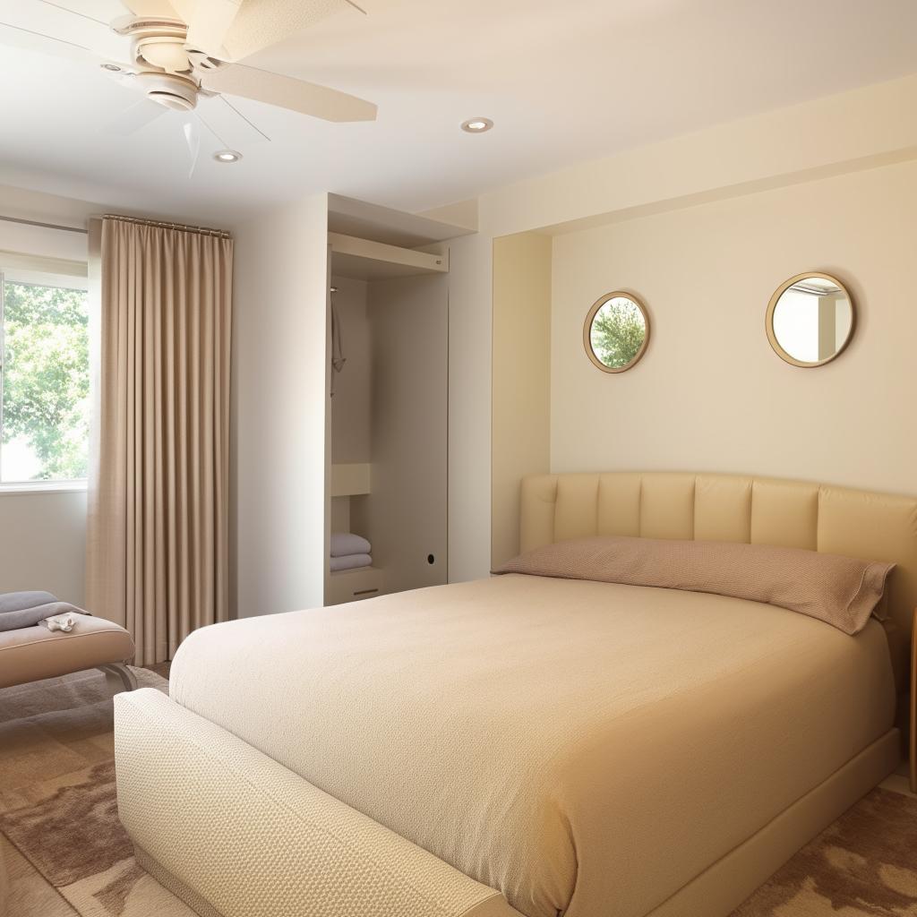 A well-designed 14*15.5 ft bedroom with an ensuite bathroom and a walk-in closet, decorated elegantly with soothing colors and modern furniture.