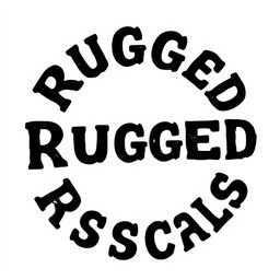A circular shape made up of the letters of 'Rugged Rascals' in black