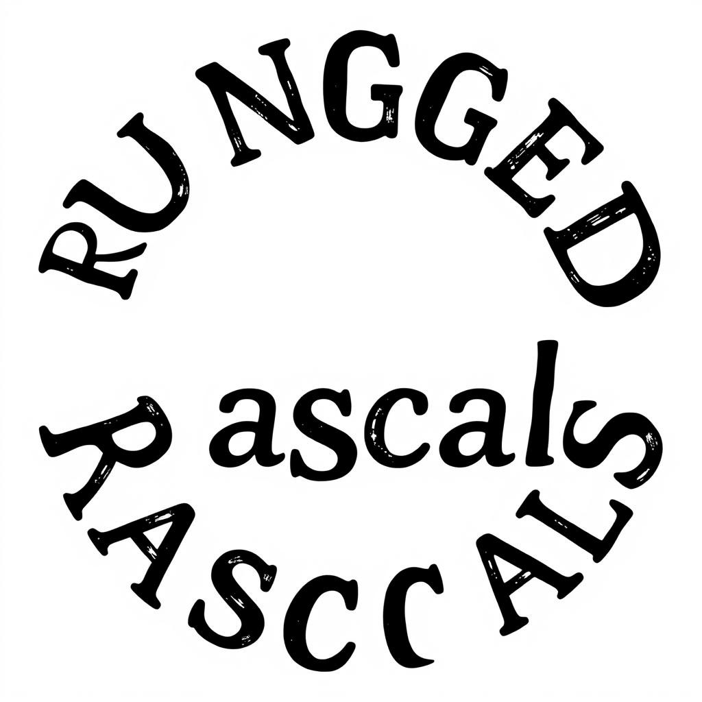 A circular shape made up of the letters of 'Rugged Rascals' in black