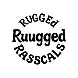 A circular shape made up of the letters of 'Rugged Rascals' in black