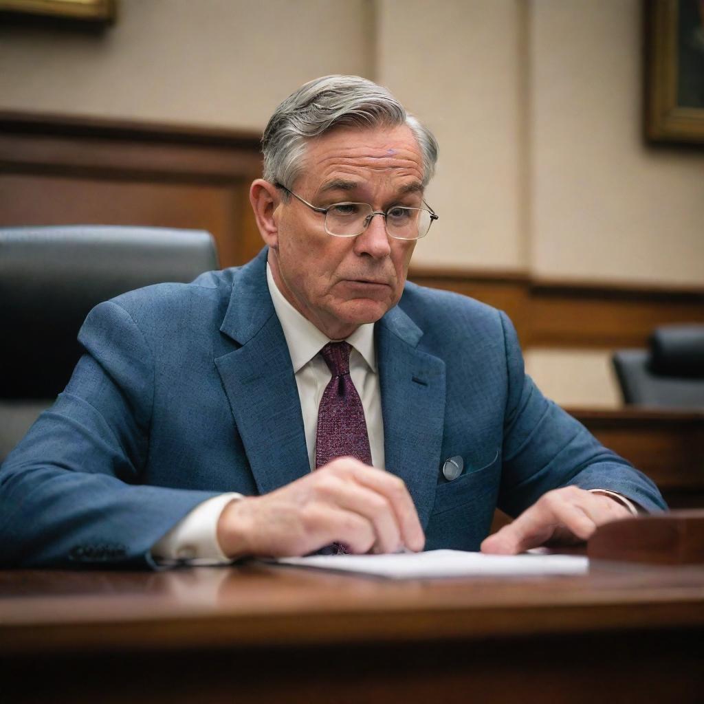 A realistic depiction of a legislator engrossed in the process of creating law, as seen through the lens of a 24kCanon EOS R5 and RF 24mm f/2