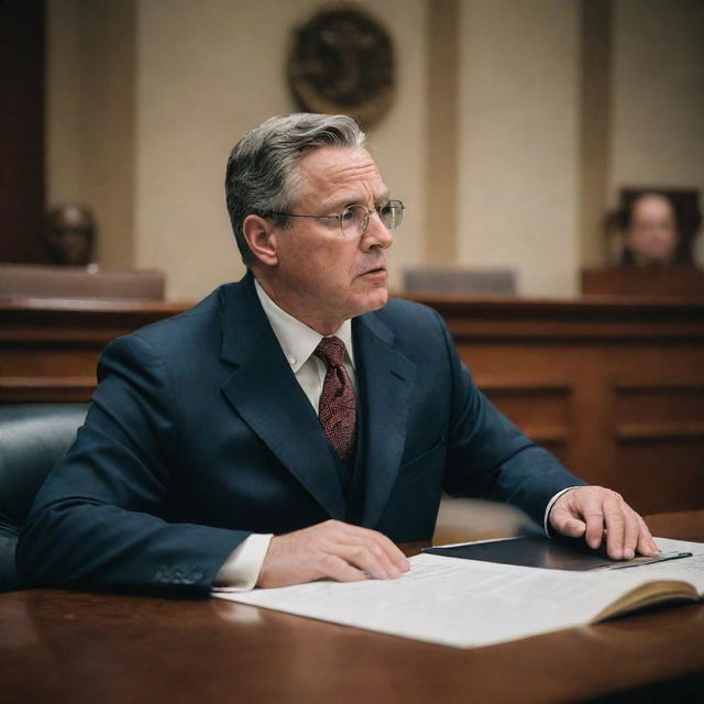 A realistic depiction of a legislator engrossed in the process of creating law, as seen through the lens of a 24kCanon EOS R5 and RF 24mm f/2