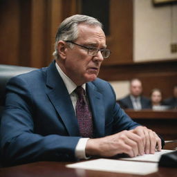 A realistic depiction of a legislator engrossed in the process of creating law, as seen through the lens of a 24kCanon EOS R5 and RF 24mm f/2