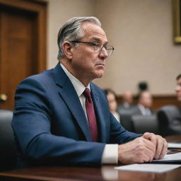 A realistic depiction of a legislator engrossed in the process of creating law, as seen through the lens of a 24kCanon EOS R5 and RF 24mm f/2