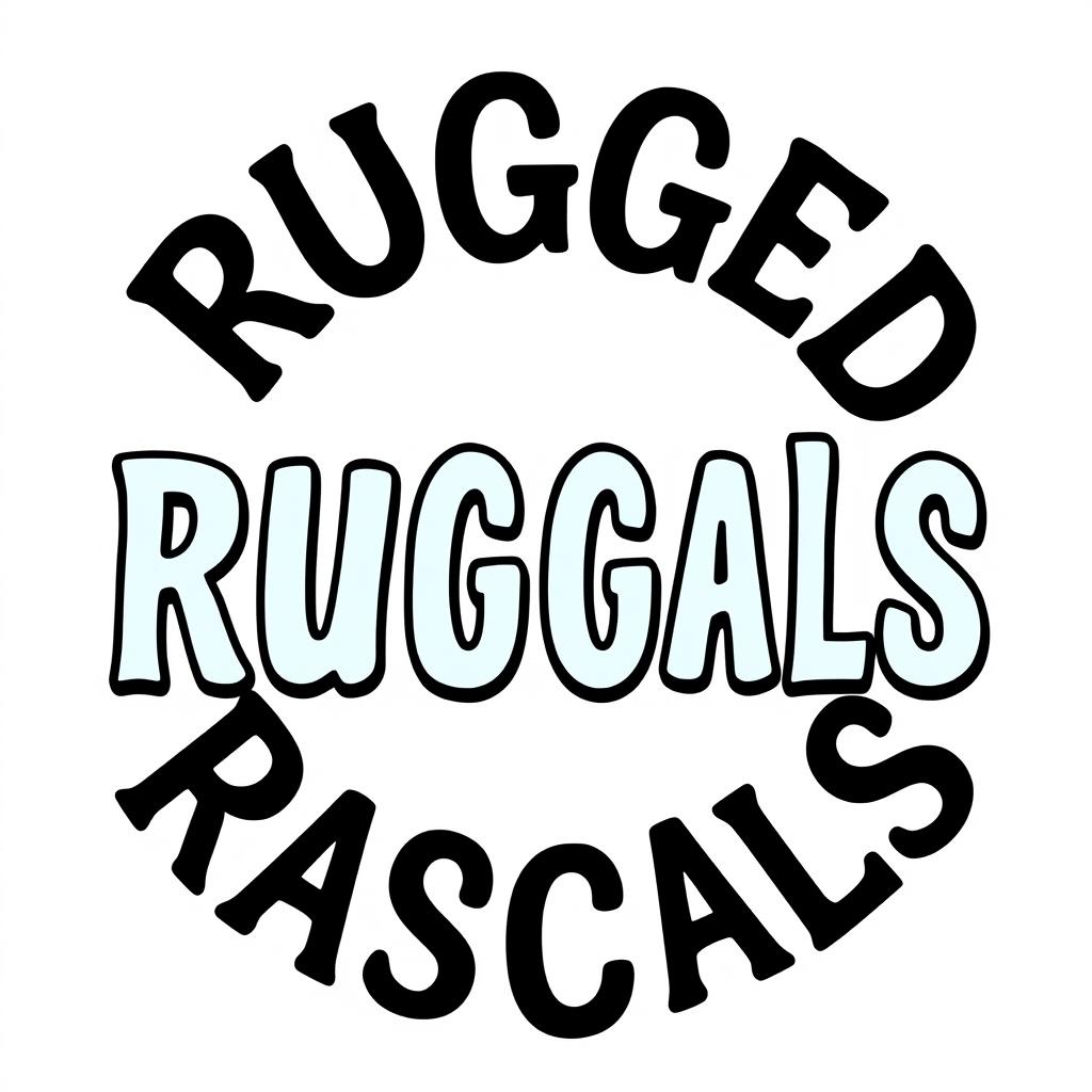 A circular design featuring the text 'Rugged Rascals' styled in a beach-style font