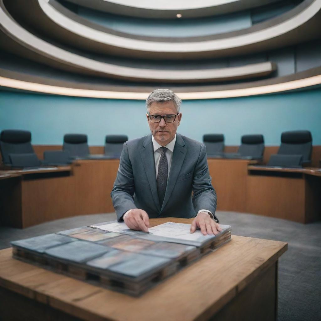 A futuristic view of a legislator creating a law, captured using a 24kCanon EOS R5 with RF 24mm f/2