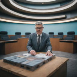 A futuristic view of a legislator creating a law, captured using a 24kCanon EOS R5 with RF 24mm f/2